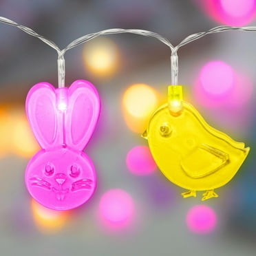 SCS Direct 10ft String Lights w Alternating Pink Bunnies & Yellow Chicks- 20 LED Fairy Lights- Easy to Hang & Battery Operated- 9 Modes- Indoor/Outdoor Decorations for Parties