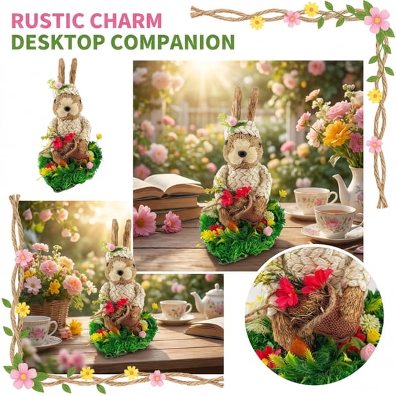 Easter 11.81in Farmhouse Tabletop and Living Room Display Straw Bunny Figurine with Grass Base Woven Easter Rabbit Decor Rustic Spring Home Accent