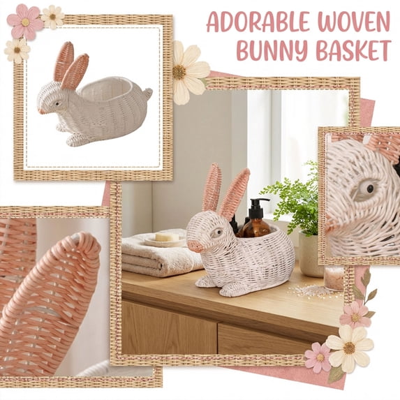 Easter 11in Wicker Bunny Basket for Living Room Handwoven Rattan Easter Basket Decorative Rabbit Storage Box for Tabletop Spring Display