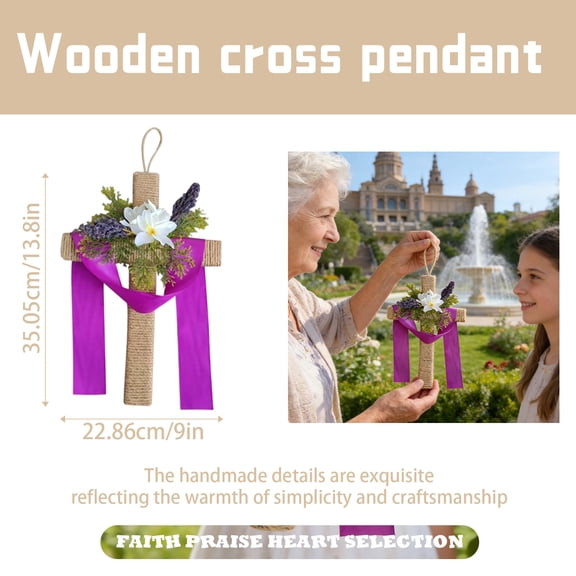 Easter 13.8in Front Door Decorations Cross Wall Decor with Floral Ribbon Rustic Easter Cross Door Hanger for Home Entryway
