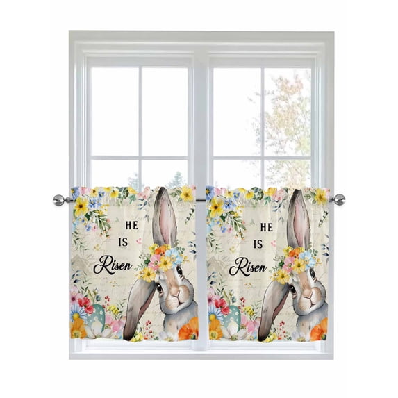 Easter 2 Panel Kitchen Curtains for Small Windows, Spring Watercolor Vintage Bunny Eggs Flower Bathroom Tier Curtain, Short Window Treatment for Bedroom/Living Room 55"x36"