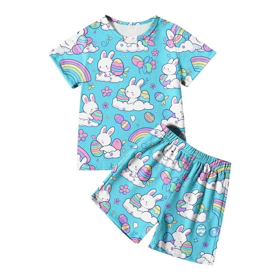 Easter 2 Piece Pajamas for Kids Children Bunny Egg Rabbit Print and Digging Easter Loungewear Set Crewneck Fun Cute Fashion Nightwear #Sky Blue 6-7 Years