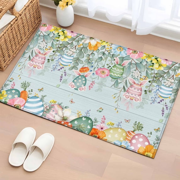 Easter 2'x3' Washable Rug, Spring Eggs Eucalyptus Branch Floral Wooden Non-Slip Soft Doormat Area Rugs for Entrance Bathroom Bedsides, StainResistant Carpet for Kitchen Bedroom, Entryway Floor Mat