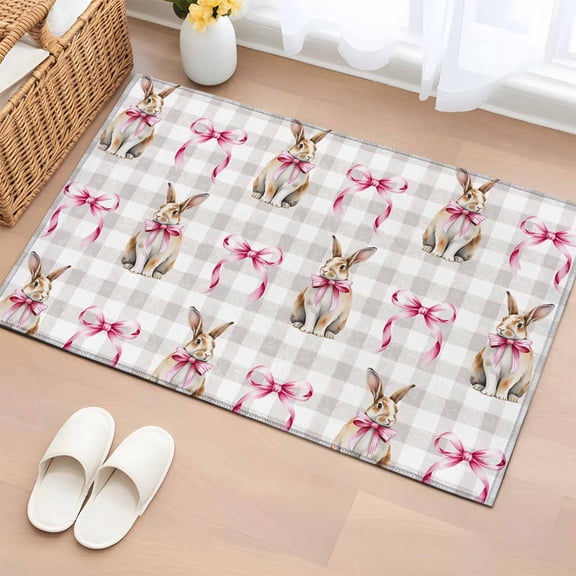 Easter 2'x3' Washable Rug, Spring Pink Bow Rabbit Grey White Gingham Plaid Non-Slip Soft Doormat Area Rugs for Entrance Bathroom Bedsides, Carpet for Kitchen Bedroom, Entryway Floor Mat