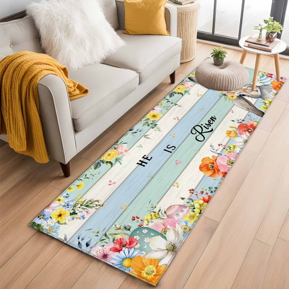 Easter 2'x6' Runner Rug, Spring Farmhouse Bunny Flower Teal Blue Wood Grain Washable Non-Slip Area Rugs for Hallway Kitchen Floor Bedroom Entryway, StainResistant Laundry Carpet Decoration Indoor Mat