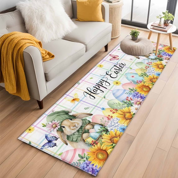 Easter 2'x6' Runner Rugs for Hallway Kitchen Bedside Non Slip, Cute Rabbits Eggs Floral Butterflies Colorful Plaid Entryway Rug Runners with Rubber Backing, Long Carpet Runner for Laundry Room