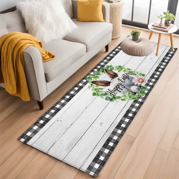 Easter 2'x6' Runner Rugs for Hallway Kitchen Bedside Non Slip, Spring Watercolor Bunny Flower Leaf Grey Wood Grain Entryway Rug Runners with Rubber Backing, Long Carpet Runner for Laundry Room