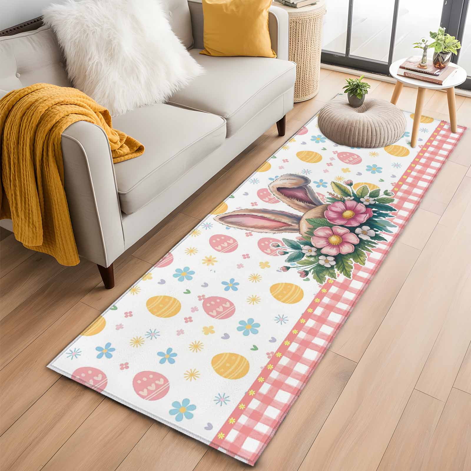 Easter 2'x6' Runner Rugs for Hallway Kitchen Bedside Non Slip Washable, Spring Floral Eggs Pink Checkered Pastoral Entryway Rug Runners with Rubber Backing, Long Carpet Runner for Laundry Room