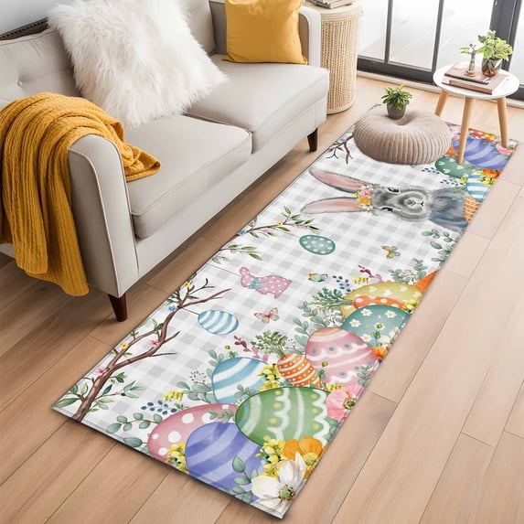 Easter 2'x6' Runner Rugs for Hallway Kitchen Bedside Non Slip Washable, Spring Grey Bunny Botanical Eggs Leaves Lattice Entryway Rug Runners with Rubber Backing, Long Carpet Runner for Laundry Room