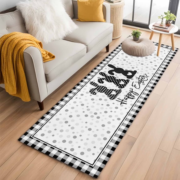 Easter 2'x6' Runner Rugs for Hallway Kitchen Bedside Non Slip Washable, Spring Polka Dot Bunny Black Plaid Checkered Entryway Rug Runners with Rubber Backing, Long Carpet Runner for Laundry Room