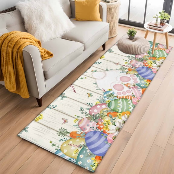 Easter 2'x6' Runner Rugs for Hallway Kitchen Bedside Non Slip Washable, Spring Rabbit Ears Foot Colorful Eggs Leaf Floral Entryway Rug Runners with Rubber Backing, Long Carpet Runner for Laundry Room