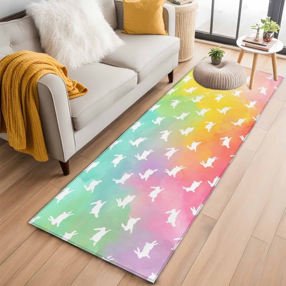Easter 2'x6' Runner Rugs for Hallway Kitchen Bedside Non Slip Washable, Spring Rabbits Silhouette Rainbow Ombre Art Entryway Rug Runners with Rubber Backing, Long Carpet Runner for Laundry Room