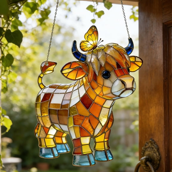 Easter 2D Acrylic Highland Cow Butterfly Decorative Hanging Sign, Farm Style Window and Garden Pendant, Nice Ornamental Gift for Farm and Animal Lovers, Ideal Home Yard Art Decoration, 7.9in, C