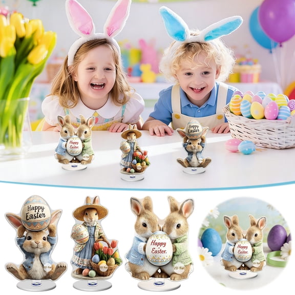 Easter 2D Bunny Egg Rotating Acrylic Decoration, Spring Table Centerpiece with Spinning Magnetic Base, Laser-Cut Bunny Egg Flower Design, Double-Sided Print for Mantel Desk, Holiday Home Decor