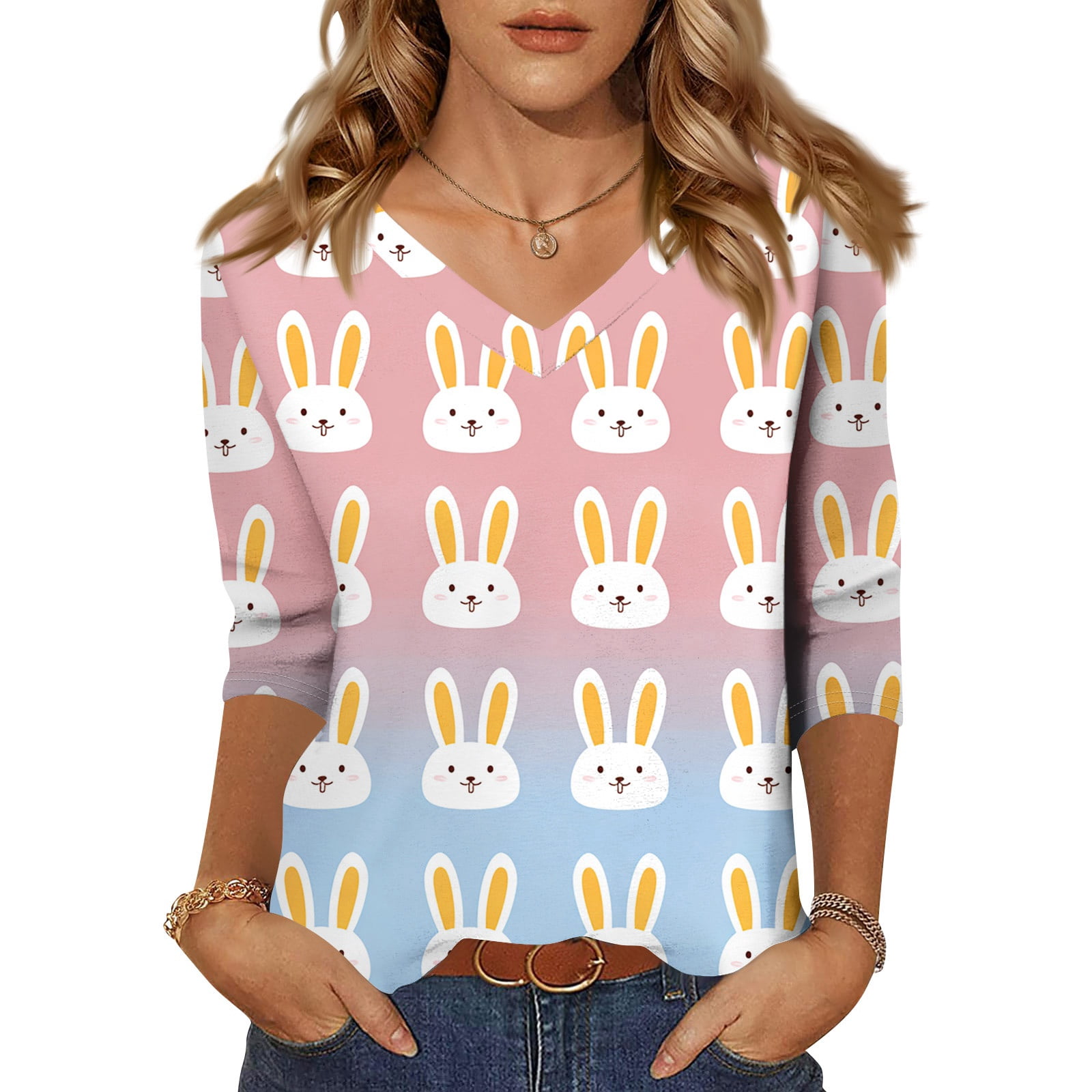 Gold Items For Women 2026.Easter 3/4 Sleeve Tops for Women Loose Fit Bunny Egg Print V Neck Tee ...