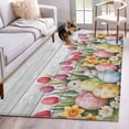 thumbnail image 1 of Easter 3'x5' Washable Rug, Retro Spring Bunny Eggs Tulip Farm Wooden Grain Non-Slip Area Rugs for Entryway Kitchen Classroom, StainResistant Dorm Throw Carpet, Low Pile Soft Indoor Floor Mat, 1 of 9