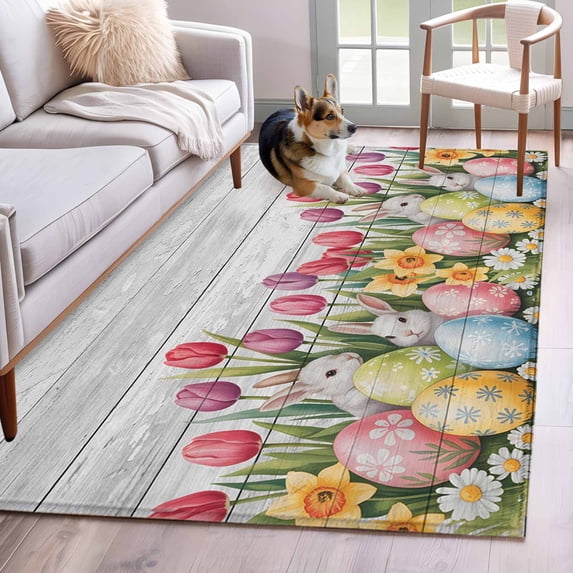 Easter 3'x5' Washable Rug, Retro Spring Bunny Eggs Tulip Farm Wooden Grain Non-Slip Area Rugs for Entryway Kitchen Classroom, StainResistant Dorm Throw Carpet, Low Pile Soft Indoor Floor Mat