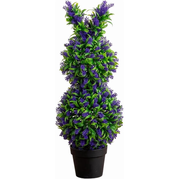 Easter 31" Artificial Lavender Bunny Topiary Tree, Faux Double Ball Potted Plant, UV Resistant Purple Flowers for Indoor Outdoor Front Porch Easter Decor