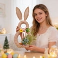 thumbnail image 1 of Easter 3D Bunny Rattan Wreath, 21.7x13 Inch Artificial Flower Wreath, Rabbit Shaped Hanging Ornament, Easter Front Door & Home Wall Decoration(Khaki), 1 of 9