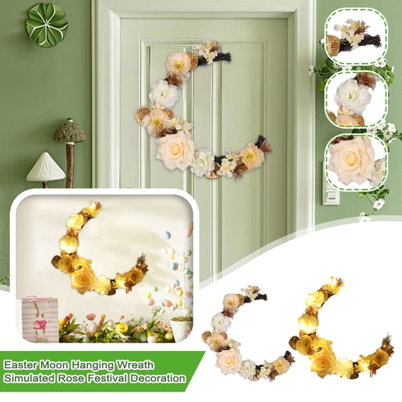 Easter 3D Moon Decorative Wreath With Realistic Silk Roses, 13.2" Hanging Decor - For Front Door Home Spring Festival Holiday Decoration - Indoor Outdoor Porch Easter Celebration