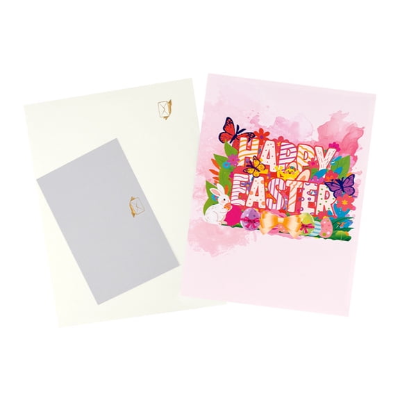 Easter 3D Pop-Up Card - Bunny & Butterfly Illustration, Happy Easter Greeting Stationery