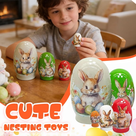 Easter 4.53in Wooden Bunny Russian Nesting Dolls Set for Table Display Easter Decorations Home Shelf Accent and Easter Decor Spring Collectible