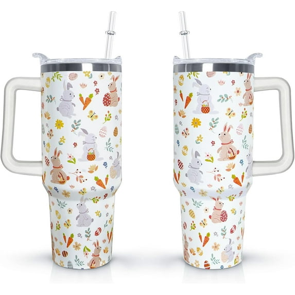 Easter 40 oz Tumbler with Handle and Straw Lid Gifts for Women Rabbit Lovers Stainless Steel Easter Travel Coffee Mug for Man Woman Easter Bunny Easter Egg