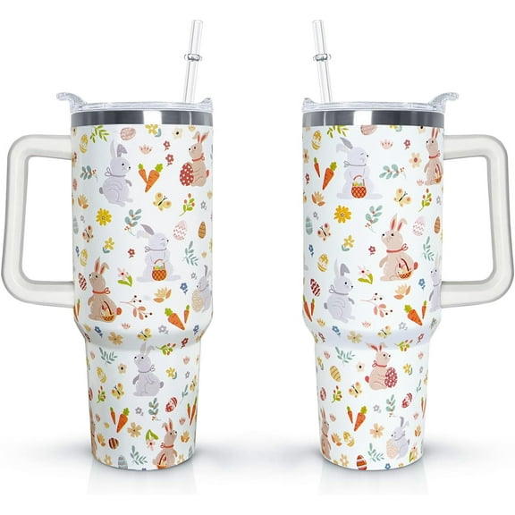 Easter 40 oz Tumbler with Handle and Straw Lid Gifts for Women Rabbit Lovers Stainless Steel Easter Travel Coffee Mug for Man Woman Easter Bunny Easter Egg