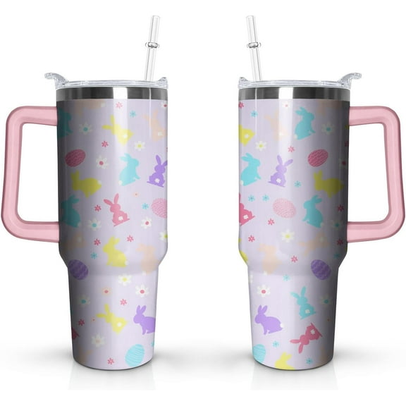 Easter 40 oz Tumbler with Handle and Straw Lid Gifts for Women Rabbit Lovers Stainless Steel Easter Travel Coffee Mug for Man Woman Easter Bunny Easter Egg