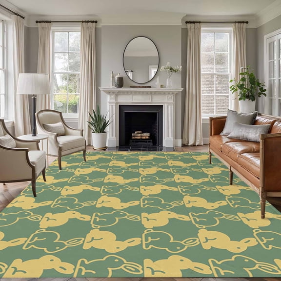 Easter 5'x8' Area Rug for Living Room, Cute Cartoon Rabbits Bunny Animal Yellow Green Washable Non-Slip Rugs for Bedroom Nursery Dining Room, Low-Pile Kitchen Carpet Large Entryway Rugs