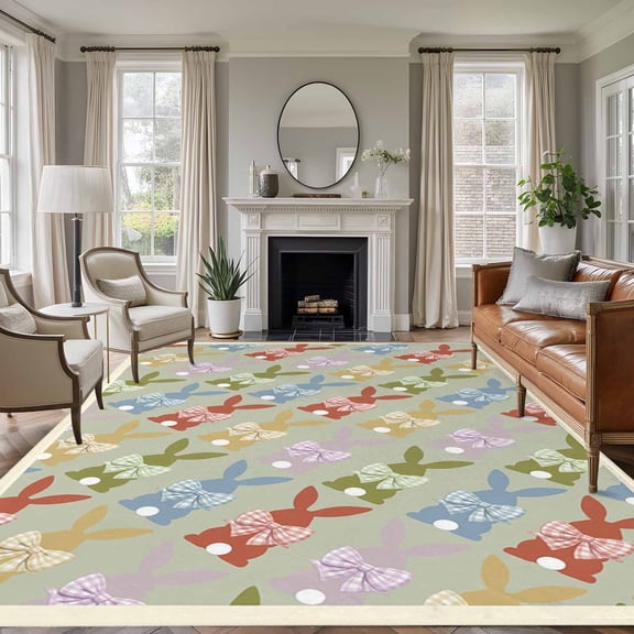 Easter 5'x8' Area Rug for Living Room, Watercolor Cartoon Rabbits Cute Bunny Animal Gray Green Washable Non-Slip Rugs for Bedroom Nursery Dining Room, Low-Pile Kitchen Carpet Large Entryway Rugs