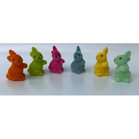 Easter 6 Mini Flocked Bunnies Plastic Decor Decoration Spring Wh0035