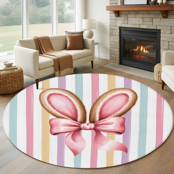 Easter 6ft Round Rugs, Spring Cute Pink Bow Rabbit Ear Colorful Stripes Washable Non-Slip Area Rugs for Living Room Bedroom Kitchen, Soft Low Pile Dining Room Kicthen Circle Carpet, Indoor Floor Rug
