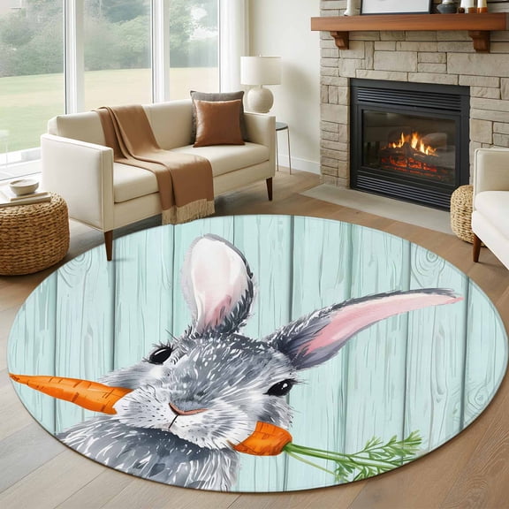 Easter 6ft Round Rugs, Spring Rabbit Botanical Carrots Green Wooden Grain Washable Non-Slip Area Rugs for Living Room Bedroom Kitchen, Low Pile Dining Room Kicthen Circle Carpet, Indoor Floor Rug