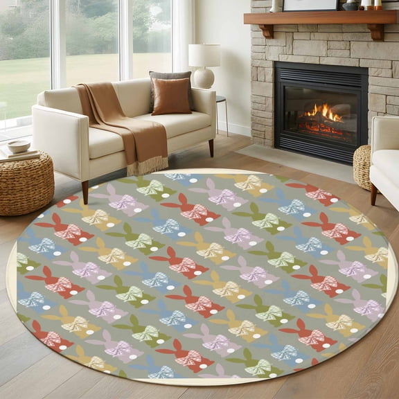 Easter 6ft Round Rugs, Watercolor Cartoon Rabbits Cute Bunny Animal Gray Green Non-Slip Area Rugs for Living Room Bedroom Kitchen, Low Pile Dining Room Kicthen Circle Carpet, Indoor Floor Rug
