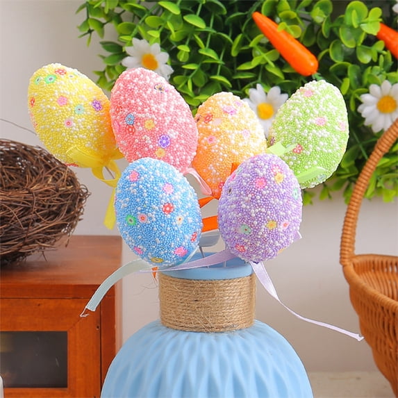 Easter 8.26in Foam Egg Picks Set of 6 Easter Decorations Colorful Printed Artificial Eggs for Floral Arrangements Garden Pots Party Table Centerpiece