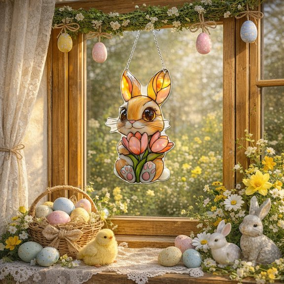 Easter Acrylic Bunny Ornaments - Stained Glass Style Rabbit Suncatchers with Tulips & Sunflowers, Hanging Decor for Tree, Window & Home