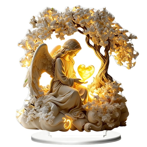 Easter Acrylic Ornament 2D Angel Figurine With Led Light, 1 Figurine + 1 Base, Decorative Sculpture For Easter Home Garden Decoration