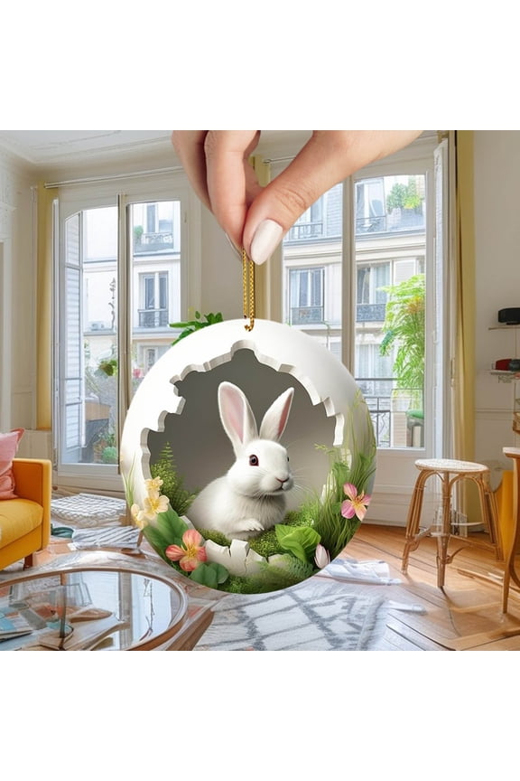 Easter Acrylic Tree Hole Bunny Hanging Ornament - Flat Rabbit Pendant with Hanging Rope for Home Wall, Door, Window, Easter Tree, Spring Holiday Decor and Festive Indoor Accent, 3.1in, B