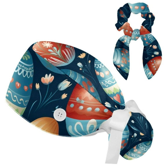 Easter Adjustable Women Scrub Cap with Buttons Bow Hair Scrunchy Sweatband