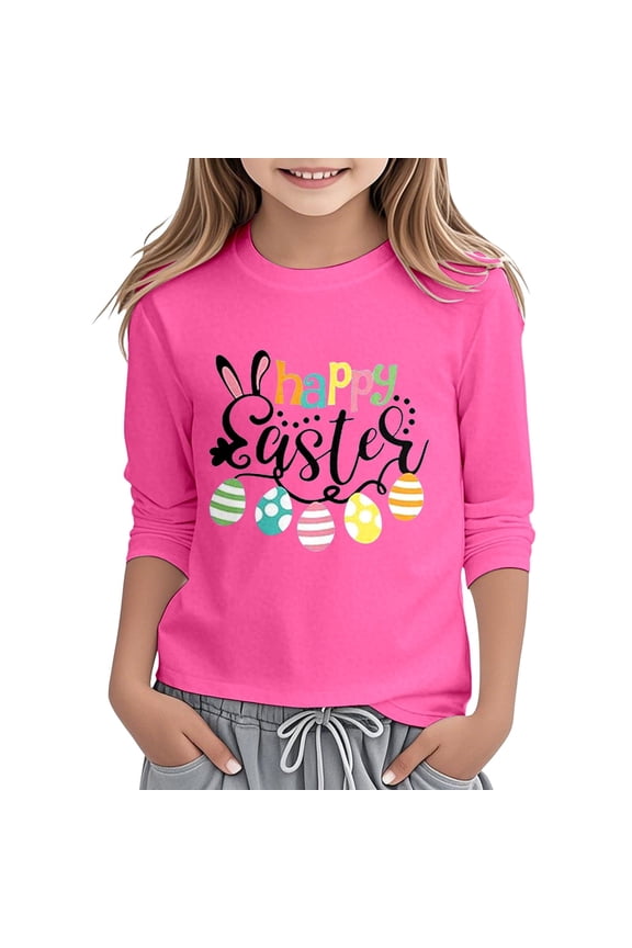 Easter Alphabet Print Round Neck 3/4 Sleeve T Shirt Top Hot Pink 13Y-14Y