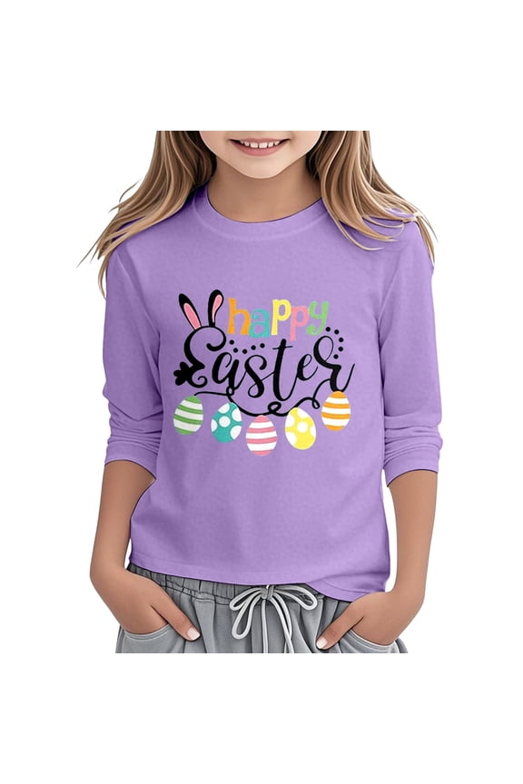 Easter Alphabet Print Round Neck 3/4 Sleeve T Shirt Top Purple 3Y-4Y