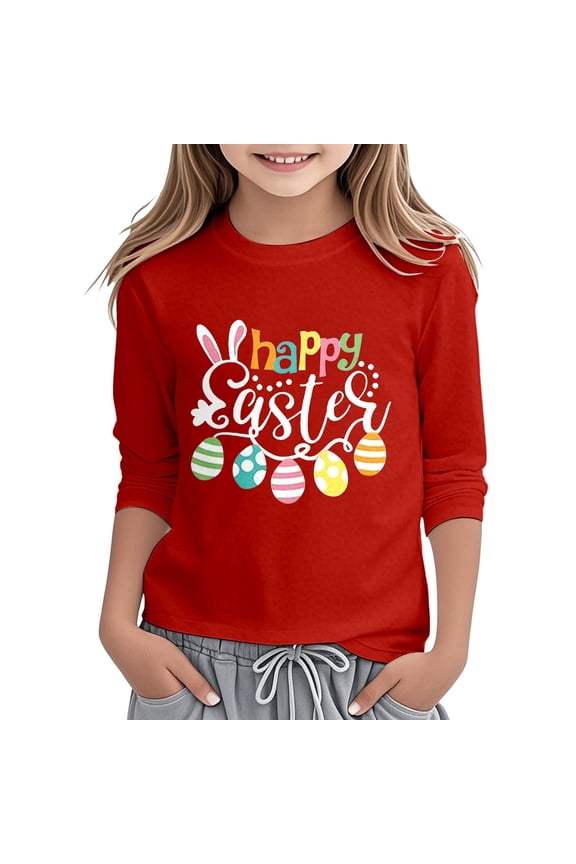 Easter Alphabet Print Round Neck 3/4 Sleeve T Shirt Top Red 13Y-14Y