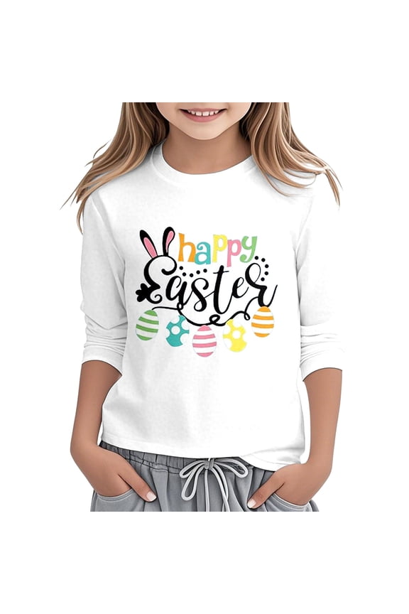 Easter Alphabet Print Round Neck 3/4 Sleeve T Shirt Top White 7Y-8Y