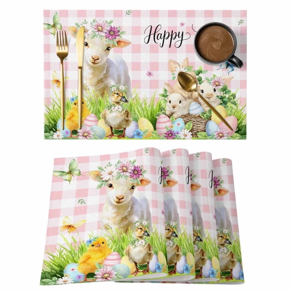 Easter Animals Placemats Set of 2, Watercolor Rabbits Sheep Duck Eggs Pink Plaid Non-Slip Place Mats Washable Table Mats for Kitchen Dining Table Decorations Indoor/Outdoor