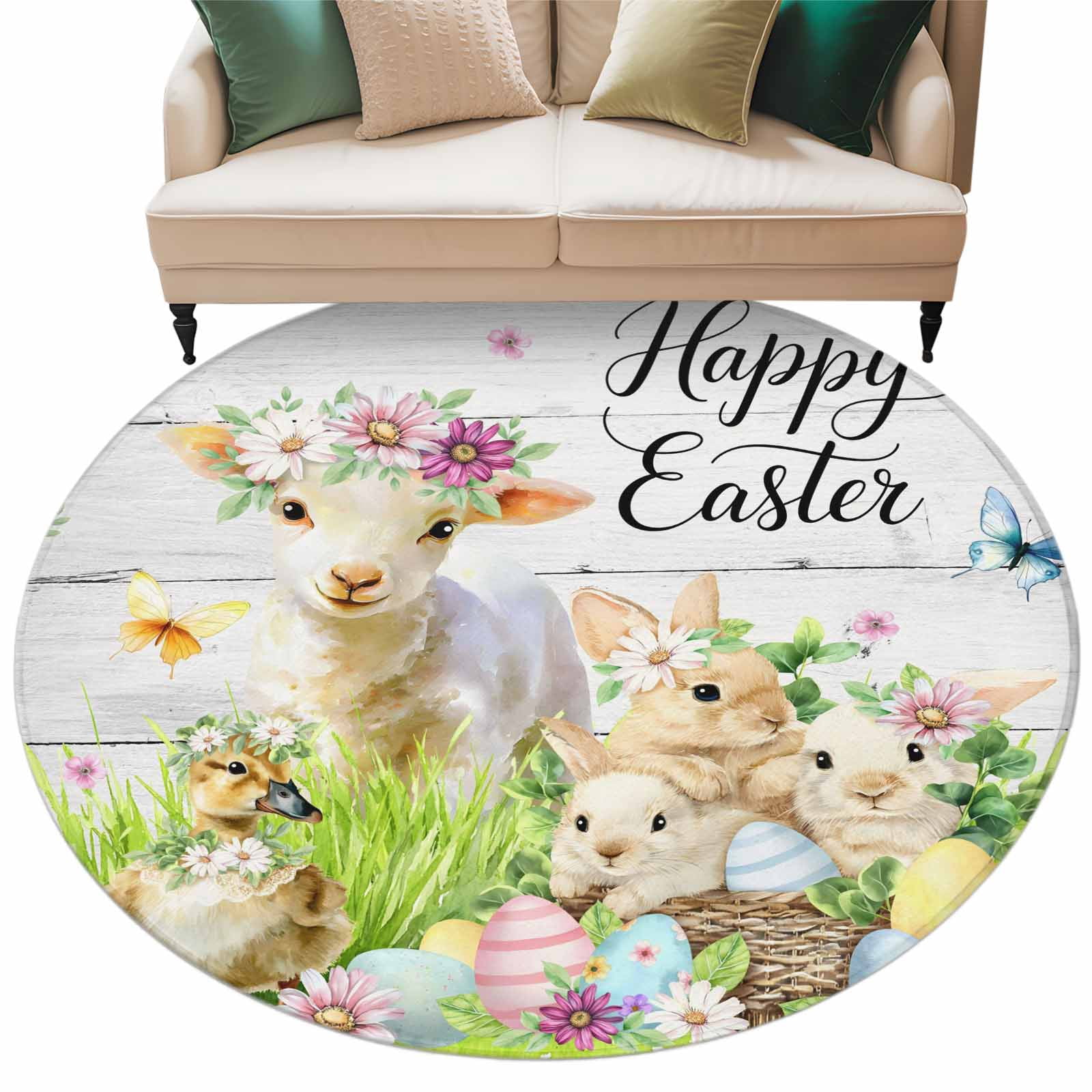 Round Easter Rug Easter Animals Washable Round Area Rug 6 ft, Watercolor Rabbits Sheep ...