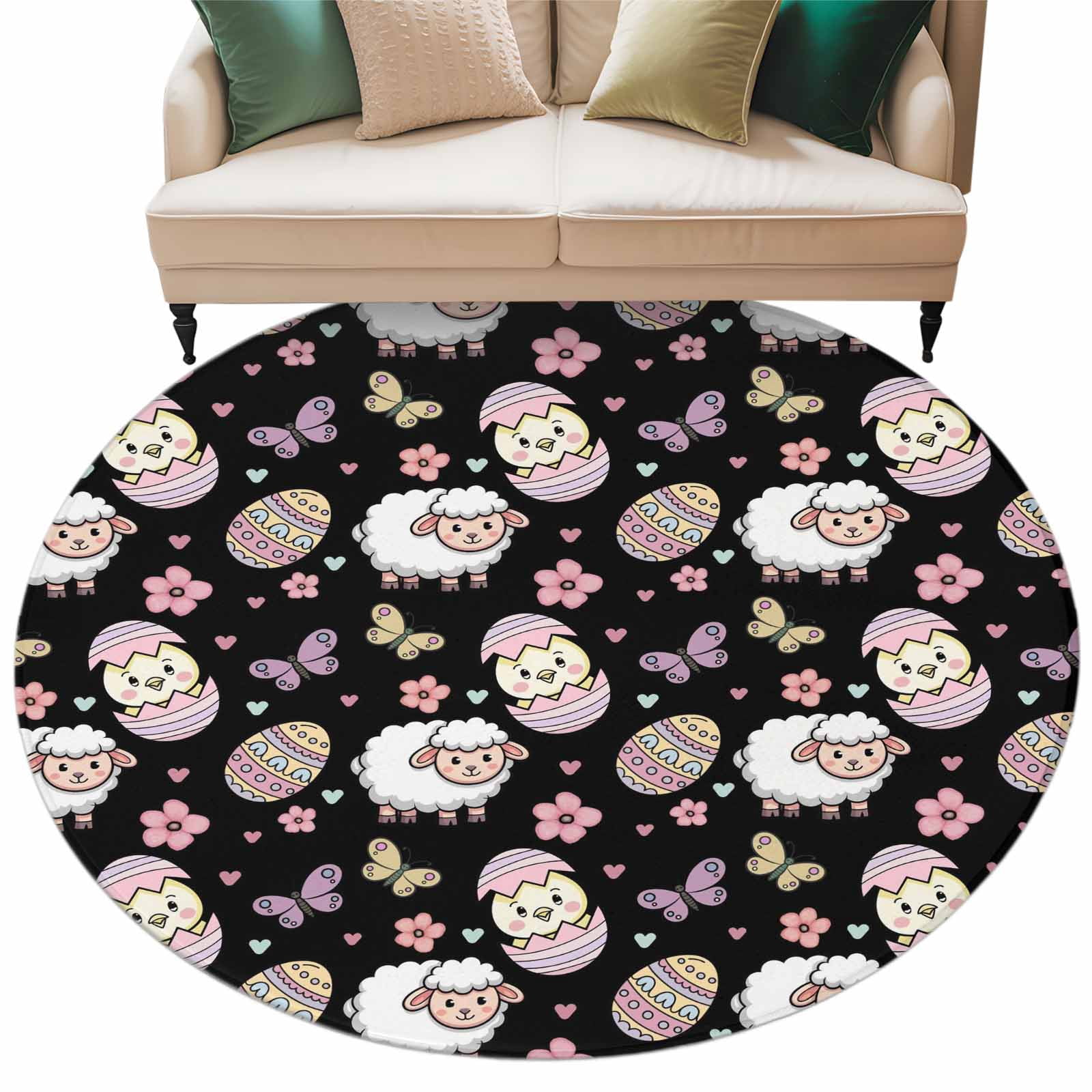 Easter Animals Washable Round Area Rug 8 ft, Colorful Chicken Butterfly ...