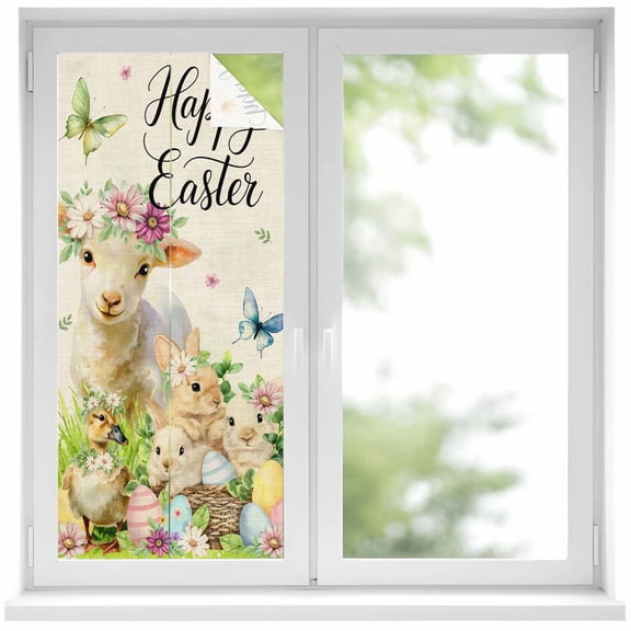 Easter Animals Window Privacy Film, Watercolor Rabbits Sheep Duck Eggs Linen Texture Frosted Glass Window Clings Static Cling UV Heat Blocking Reusable Door Sticker for Bathroom 19.6 x 39.3 Inch
