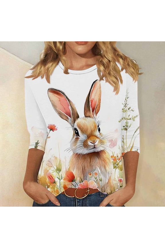 Easter Apparel for Women Realistic Bunny Rabbit Painting Graphic Print Crewneck Three Quarter Sleeve Soft Fabric Casual Festive Holiday T-Shirt