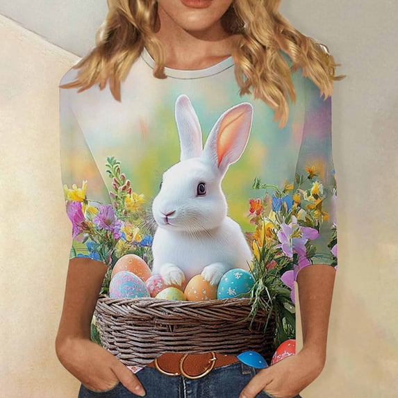 Easter Apparel for Women Realistic Bunny Rabbit Painting Graphic Print Crewneck Three Quarter Sleeve Soft Fabric Casual Festive Holiday T-Shirt
